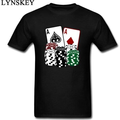 Poker Cards with Chips Gamble Ace Print T-shirt Men Cotton Tshirt Short Sleeve Black Novelty Design Top Tees