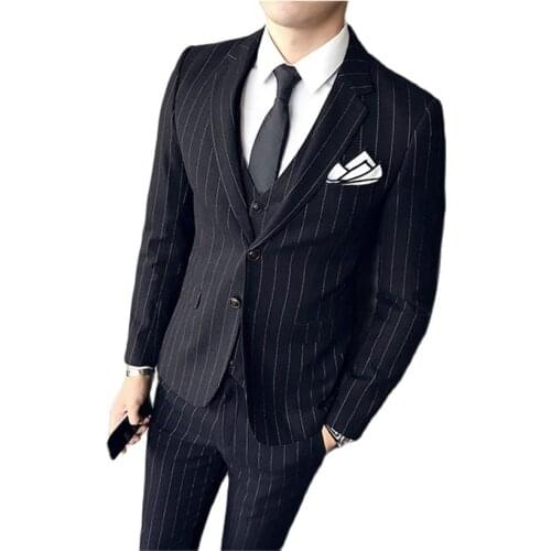 Classic Men Black Striped Suit Business Banquet Mens Suit Jacket and Pants with Vests High Quality Men Suit 3 Piece Set