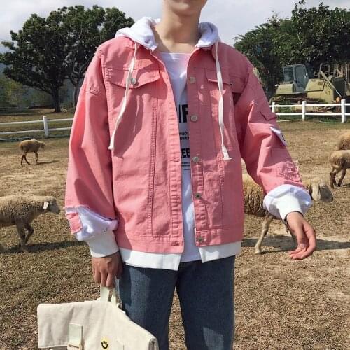 Spring Autumn Hooded Denim Jackets Pink Jean Coats High Quality Men Cotton Holes Denim Coats Fashion Jeans Jackets