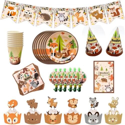 Jungle Animal Woodland Theme Party Disposable Tableware Set Paper Plate Cup Banner Forest Safari Animal Birthday Party Supplies