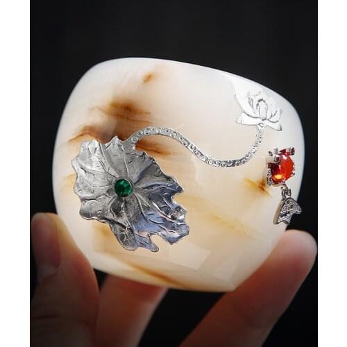 Jade Porcelain Cup 60ml Master Tea Cups Silver Decor Teaware Luxurious Teacup Puer Bowl Creative Tea Bowls Crafts Collection