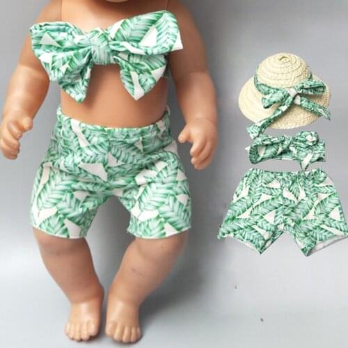 Baby Doll Clothes Summer Beach Bikini Set with Hat for 18 Inch Girl Doll Holiday Clothes T-shirt Pants Set