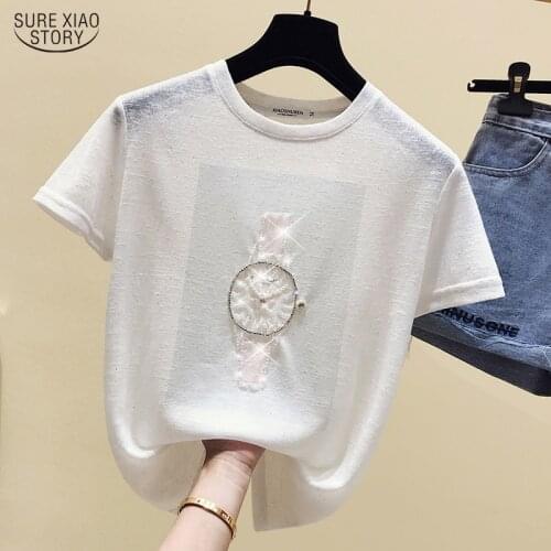Casul Basic Tee Shirt Korean Fashion Clohthing T Shirt Women Summer Diamonds Short Sleeve Tops Vintage Female T-shirt Top 9640