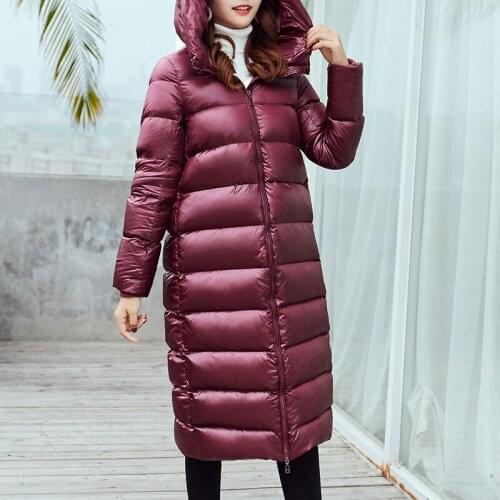 Down Womens Jacket X-Long Winter Coat Female Korean Casual Thick Bright Duck Down Jacket Women Hooded Warm Outwear 27702