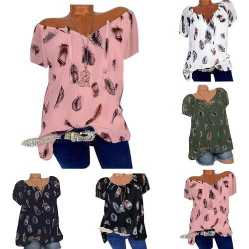 Plus Size Feather Print Lady Summer Bandage V Neck Short Sleeve Blouse Loose Top