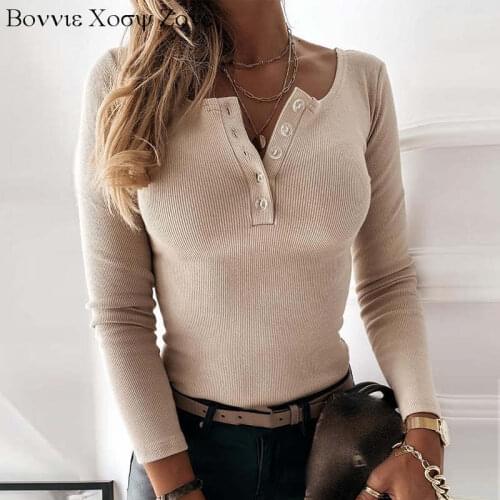 Woman Autumn Button Design Solid Round Neck Fit Sweater Knitted Long Sleeve Casual Sweater