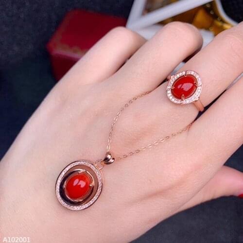KJJEAXCMY Fine Jewelry 925 sterling silver inlaid natural gemstone female red coral ring necklace pendant set supports detection