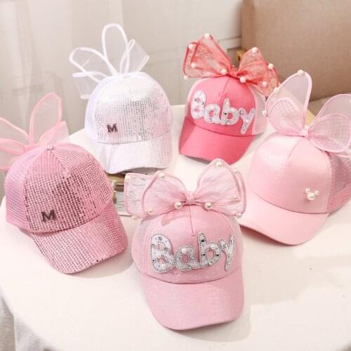 Baby Hat Spring Summer Baby Girl Baseball Cap Glitter Sequin Rabbit Ear Pearl Kids Hat Girls Sun Hats For Children Hat