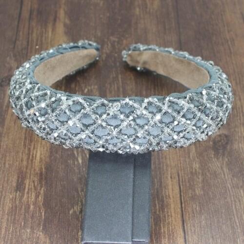 Gray Fashion Handmade Crystal Beaded Wide Sponge baroque Rhinestone Hair Band Women Hair Accessories Headwear Flower Headband