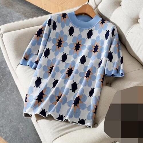Blue silk tencel knit jacquard short-sleeved T-shirt women 2021 spring and summer new top winter sweater women