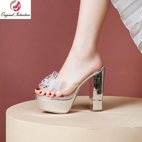 Original Intention Women Sandals Slip On Chunky High Heels Sandals Transparent Black White Silver Shoes Woman Big Size 3-10.5