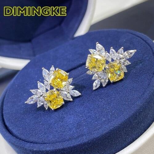 DIMINGKE 100%-S925 Sterling Silver Jewelry Super Flash 4*4 Topaz Pink Diamond Woman Stud Earrings Wedding Party Birthday Gift