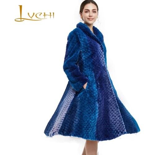 LVCHI Winter 2019 Imported Velvet Mink Womens Fur Mink Coat Slim Coat Sculpture Coats V-Neck Long Sleeve Unique Mink Fur Coats