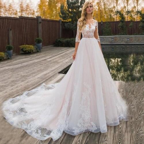 Charming A-Line Wedding Dresses Illusion Neckline Appliques Long Sleeve Court Train Bridal Gowns Vestidos de novia