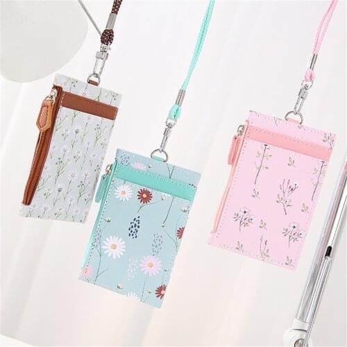 1Pcs Cute Floral Card Holder Flowers Named Card Case Identity Badge With Lanyard ID IC Card Holder With Key Chain Small Wallet