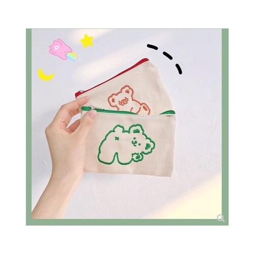 1PCs Simple Embroidery Cartoon Bear Large Pencil Case Cosmetic Bag Kawaii Capacity Pen Bag Canvas Storage Bag School Stationery