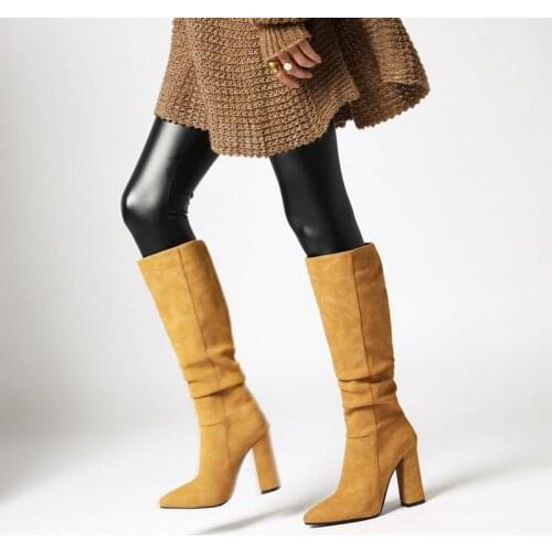 2021 Cowboy Western Knee High Boots Women Pointed Toe Pleated European Style Autumn Winter Boots Thick High Heels Woman Shoes