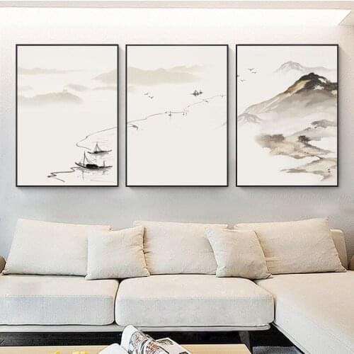 3pcs Colorful Chinese Landscape Boat Freehand Wall Art Canvas Painting Home Posters and Prints Picture Decor for Living Room