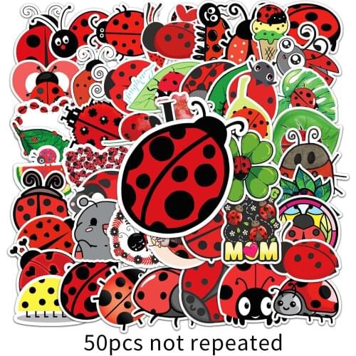50pcs/set Ladybug Theme Sticker Waterproof for Car Bumper Laptop Skateboard Surfboard Luggage Bicycle Kids Toy Box Decals