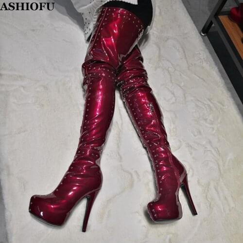 ASHIOFU New Handmade Real-pics Womens Thigh High Boots Rivets Spikes Sexy Platform Club Boots Evening Dance Fashion Winter Boots