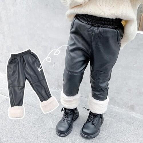 Girls Children Winter Black Thick Leather Pants Plus Velvet Warm Trousers Kids Baby Fashion Casual Trendy Pants 1-6 Years