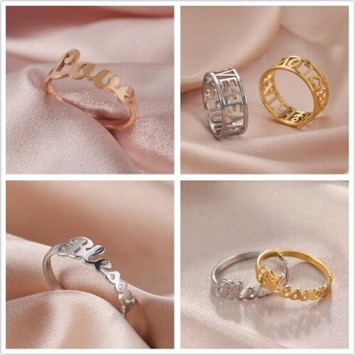 Cazador New Hollow LOVE Heart Blessed Letters Rings Stainless Steel Minimalist Rings for Women Girl Friend Gifts Wedding Jewelry