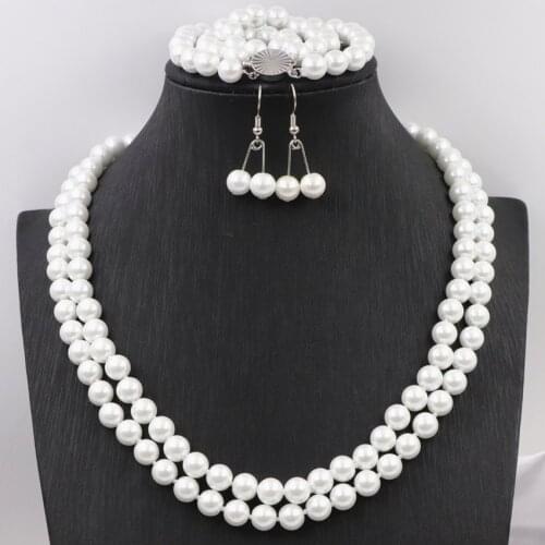 Fashion Statement Women Necklace Earrings Jewelry Set White Simulated Pearl 8mm Round Beads Glass Pearls Chain Dangle Sets A629