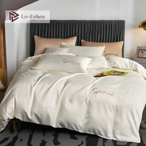 Liv-Esthete Luxury 100% Silk Beauty White Bedding Set Silky Embroidery Queen King Duvet Cover Flat Sheet Pillowcase For Sleeping