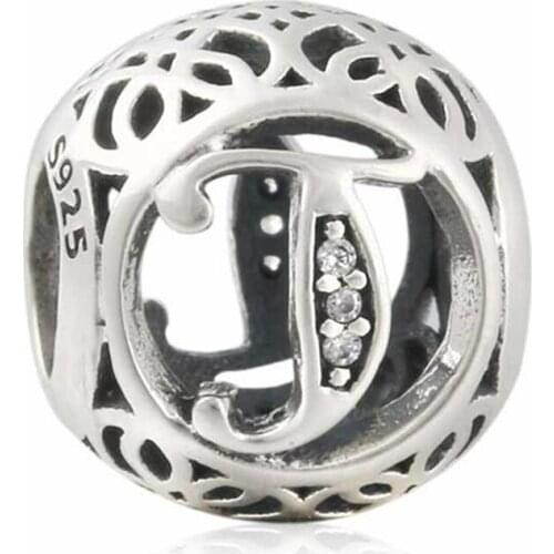 LE16T 925 Sterling Silver Openwork Letter T Charm Vintage Alphabet Beads For Jewelry Making Fit Original Brand Bracelet