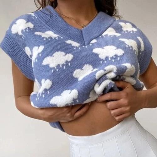 Fashion Tank Sweaters Preppy Style Sweater Tops Pullover 2021 Autumn Women Sleeveless Cloud Knitted Vest Sweaters Winter Clothes