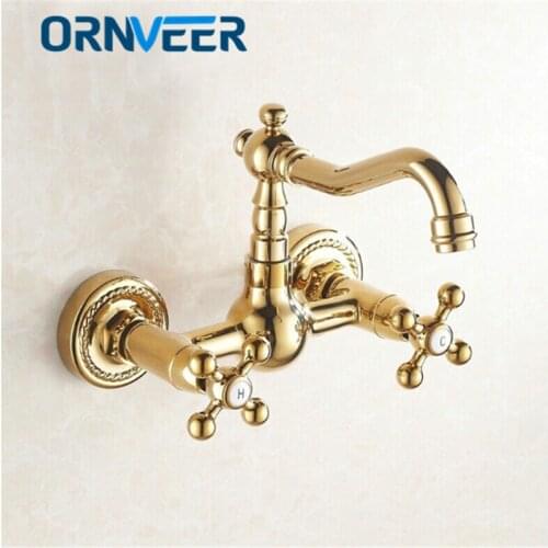 Wall Mounted Double Handle Double Hole Bathroom Faucet With Wheel Handle Gold Plated Basin Sink Mixer Tap G-015