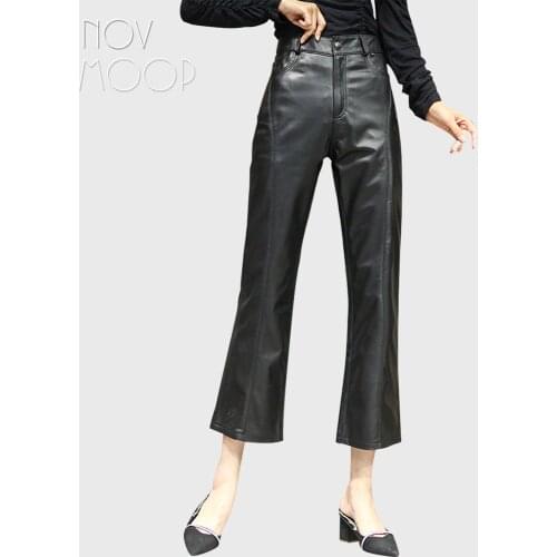 Novmoop genuine leather sheepskin ankle length women pants bootie sneaker companion Pantalón cropped de piel LT3278