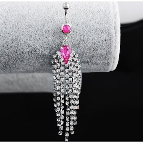 Sexy Long Clear Cystal Water Drop Rhinestones Tassel Dangle 316L Surgical Surgical Steel Barbell Navel Belly Button Rings