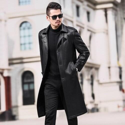 2020 Fashion Trend Long Leather Coat Mens Single-Breasted Slim Trench Autumn Winter New Over-The-Knee Coat with Velvet Hot