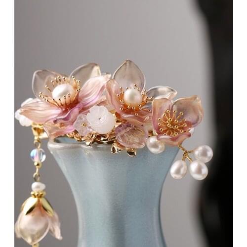 Vintage pink flower handmade pearl hairclip pin accessories Headwear up do hair for kimono hanfu COSPLAY XZ