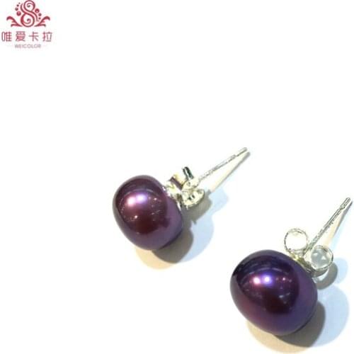 WEICOLOR Flatround 9-10mm Purple Natural Freshwater Pearl Earring Studs With Silver Pins.Different Available