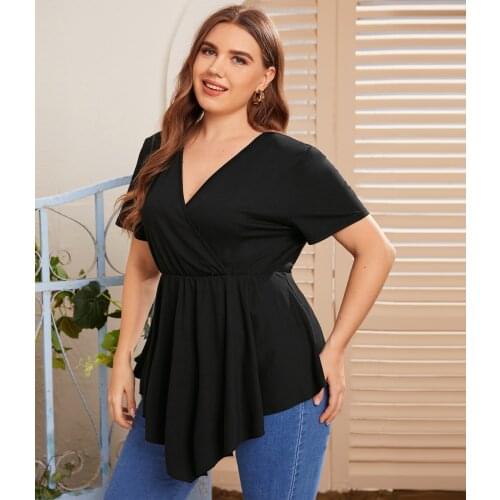 Plus Size Womens Tunic 2021 Summer Clothing Basic Casual Solid V-Neck Pleated Short Sleeve Blouses Femme Black Tops XL-5XL