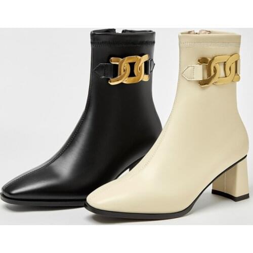 New Style Black Beige Fashion Metal Female Short Boots Square Toe Thick Heel Ladies Autumn Winter Zipper Womens Shoes