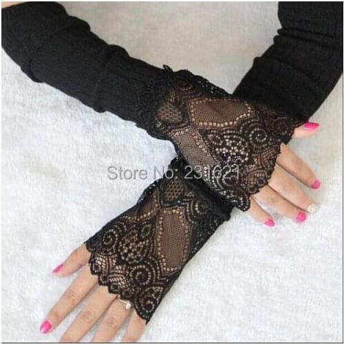 Womens fashion long gloves black knitted patchwork lace gloves sexy fingerless gloves summer sunscreen driving gloves