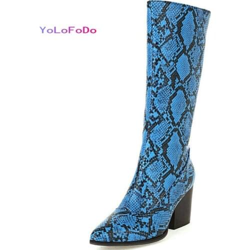 2021 Autumn Winter Women Knee High Boots Pointed Toe Square High Heel Ladies Calf Boots PU Leather Snake Print Womens Boots