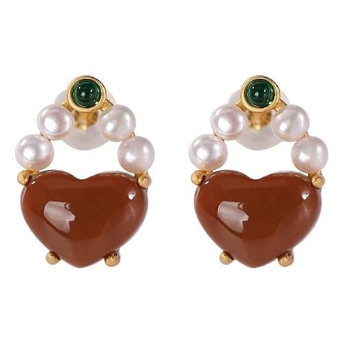 S925 sterling silver gold-plated southern red agate pearl stud earrings light luxury temperament lovely womens earrings