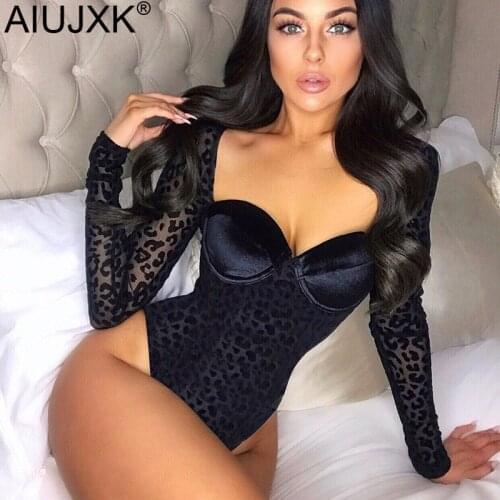 AIUJXK Sexy See Through Mesh Leopard Bodysuit Women Club Party Body Top Fashion Long Sleeve Slim Basic Bodysuits Female Clothes