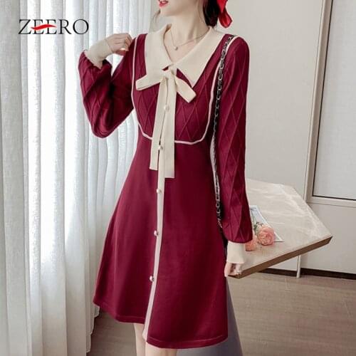 Lady Lapel Splicing Bowknot Single-breasted Lantern Sleeve A-Line Knitting Dress for Women Vintage All-match Lingge Mini Dresses