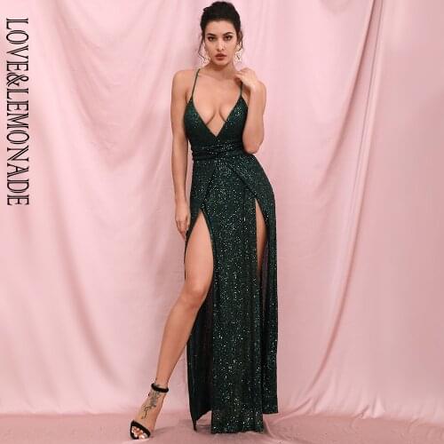 LOVE&LEMONADE Sexy Dark Green Deep V-Neck Sequins Whit Split A-Line Party Maxi Dress LM82415