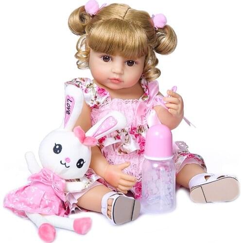 Golden hair 55CM bebe doll reborn toddler girl doll in pink dress full body soft silicone realistic baby Bath toy waterproof