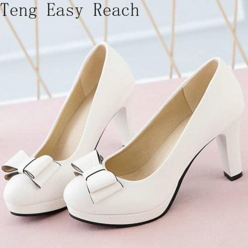 2021 Women Pumps Sweet Bow Knot Sqaure High Heels Summer Shoes Slip On Dress Party Shoes Ladies White Beige Pink Size 34-43