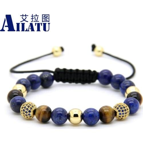Ailatu Mens Jewelry Wholesale 10pcs/lot 8mm Lapis Stone Beads & 9mm Micro Paved Blue Cz Ball Macrame Braiding Bracelet