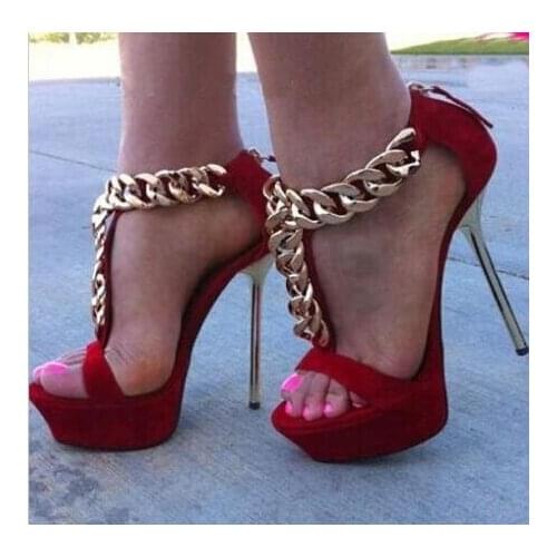 Black Blue Red Summer Open Toe Gold Chains T-strap High Platform Zipper Back Suede Leather Thin Heels Sandals Dress Shoes