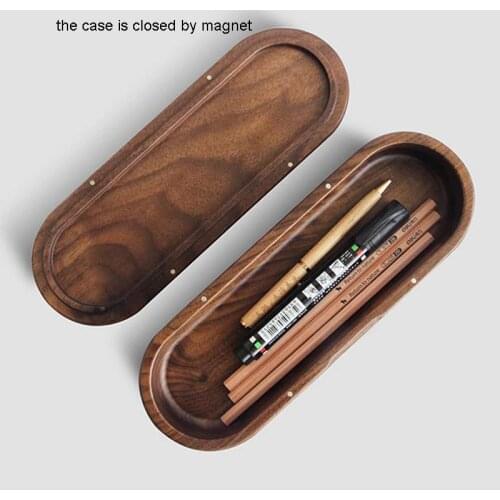 1pcs Ceative Black Walnut Wooden Pencil Case Oval Shape Multi-function Desk Stationery Organizer Storage Box Home Art