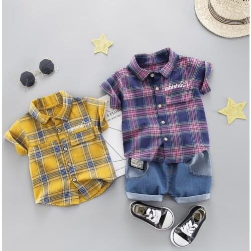 2020 Summer Kids Sets Boys Girls Fashion Cotton Sets Short Sleeves Plaid Shirts + Denim Shorts Two-piece Childrens Clothing